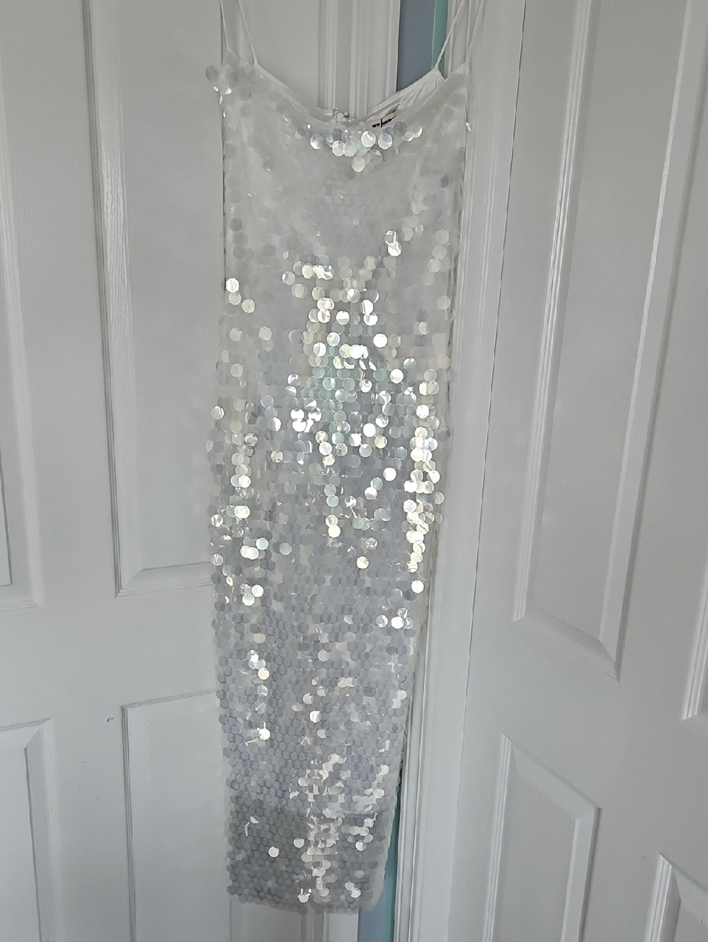 White Iridescent Sequin Slip Dress